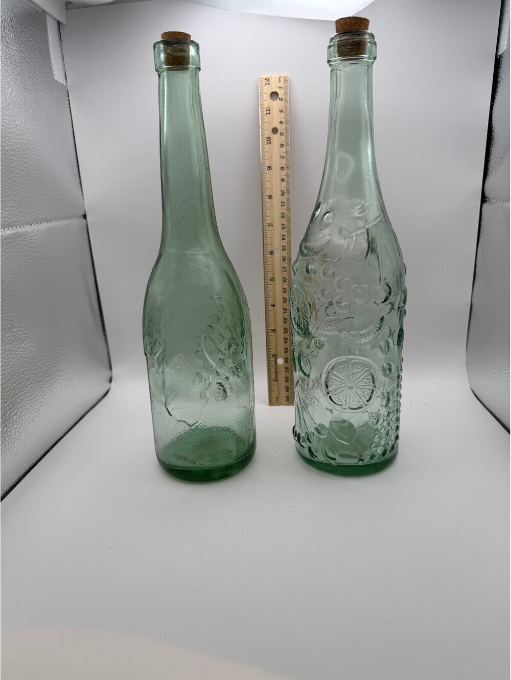 Vintage Green Glass Fruit Embossed Bottles Cork Stoppers 12" Set of 2